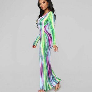 Long Sleeve Colorfull V-Neck BODYCON Dress